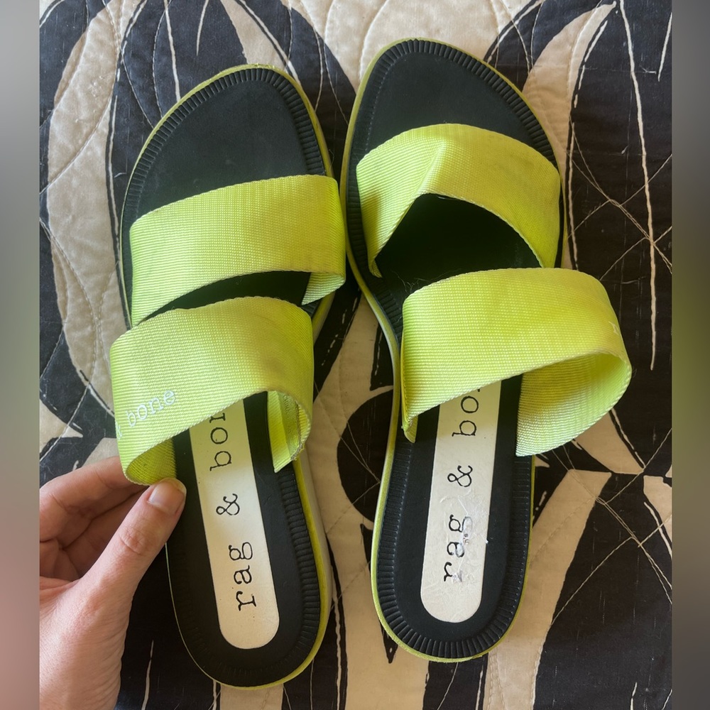 SOLD❤️ RAG & BONE Mila Neon Yellow Acid Green Slide Double Strap Sandal - Picture 7 of 12